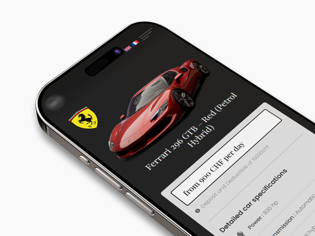 Luxury car rental website – sports car detail page on a smartphone