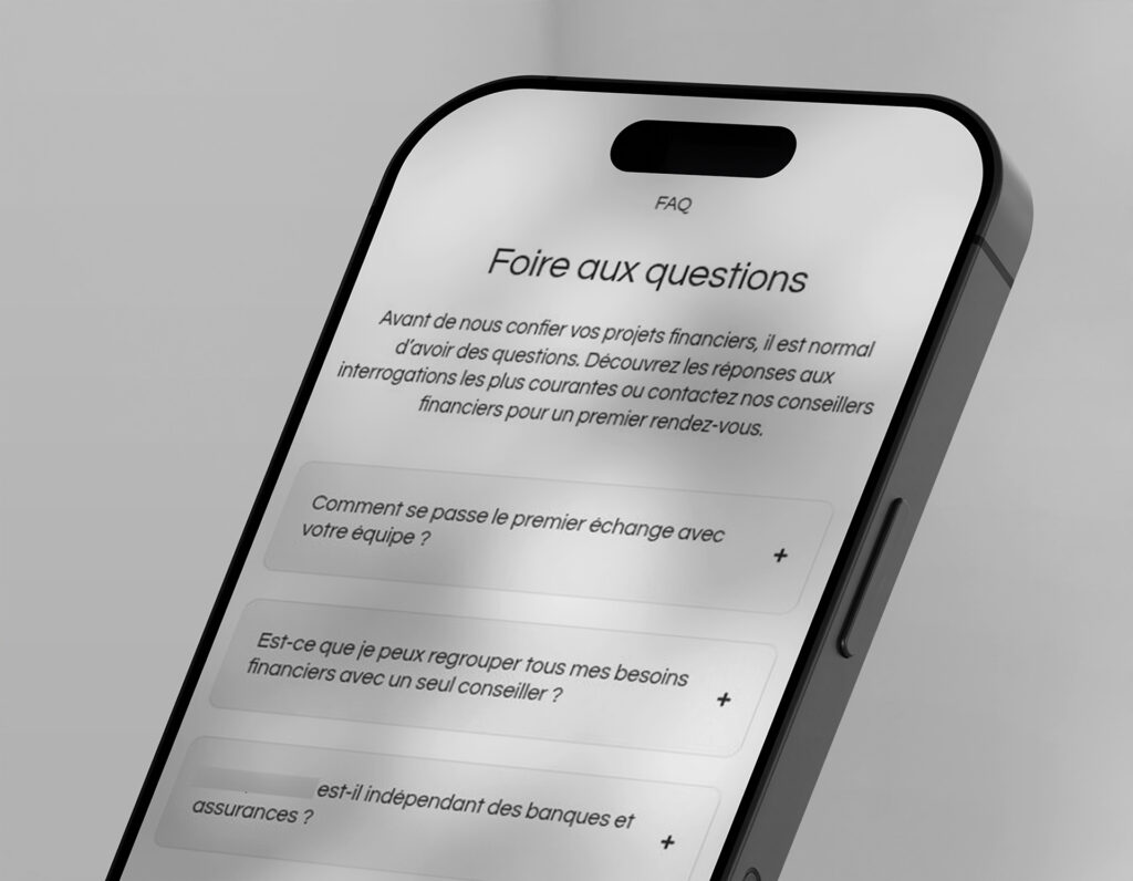 Financial advisory website FAQ page on a smartphone